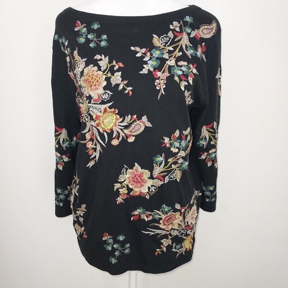 J Jill Valley Flowers Embroidered Knit Black Top Size Lg - Picture 3 of 10